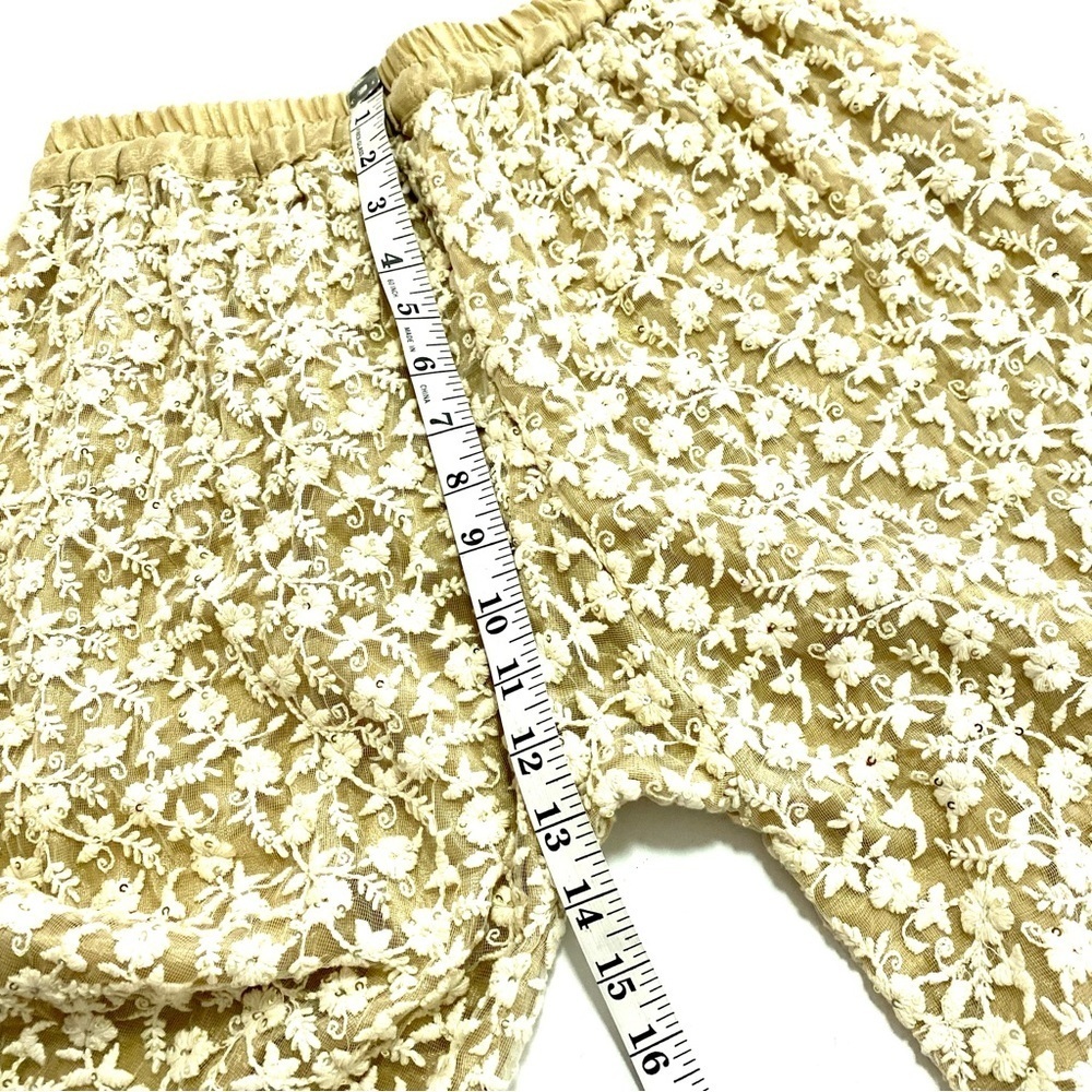 Cream Floral Lace Mesh Sequined Dressy Palazzo Wide Leg Cropped Ankle Pants S-M - Picture 8 of 10